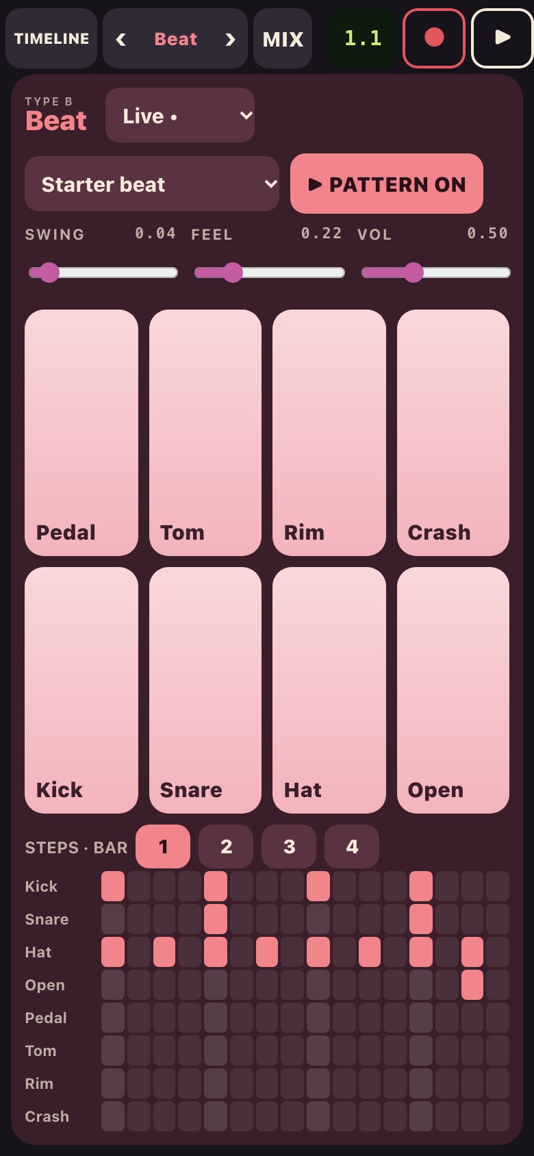 The Beat face: kit and style, eight pads and a step grid