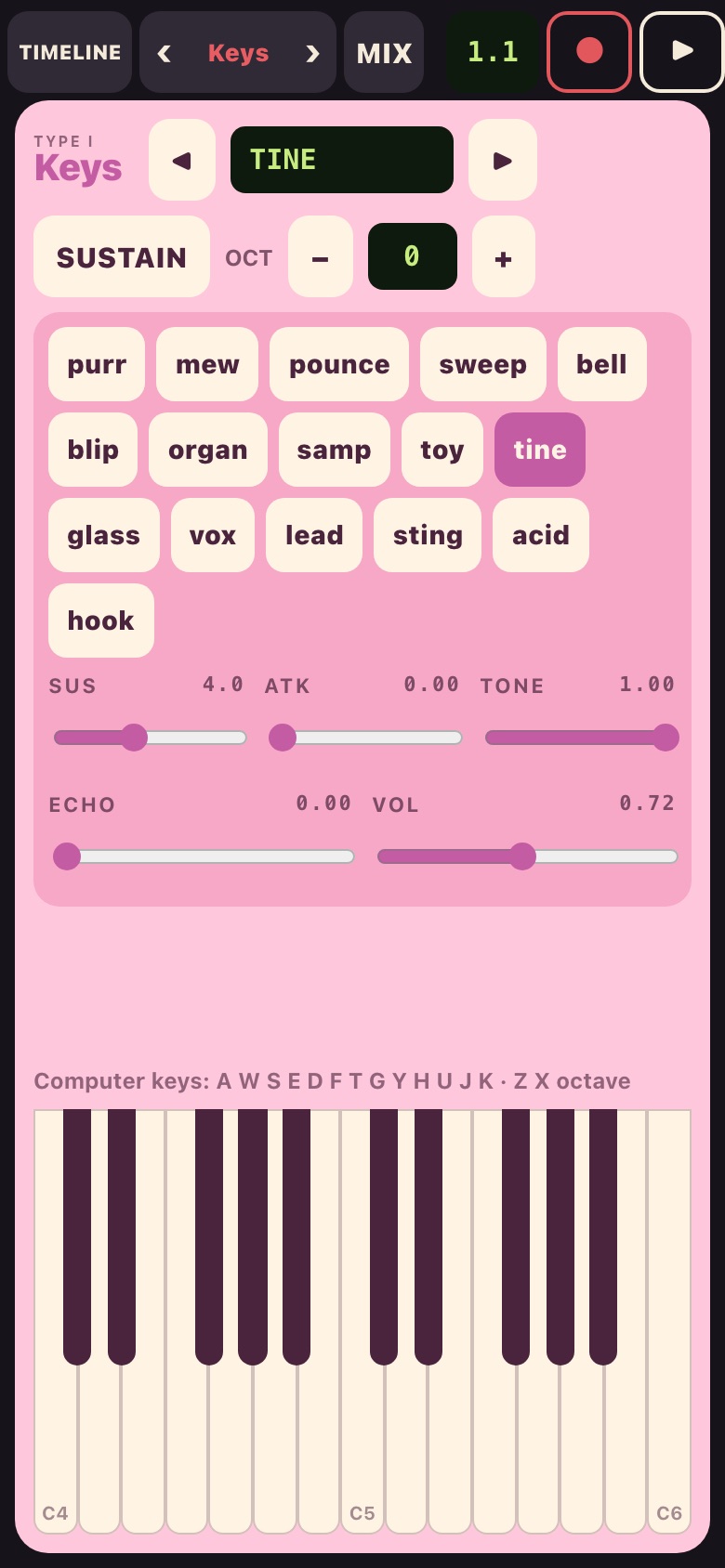 The Keys face: sixteen waves, sustain, octave and a two-octave keyboard